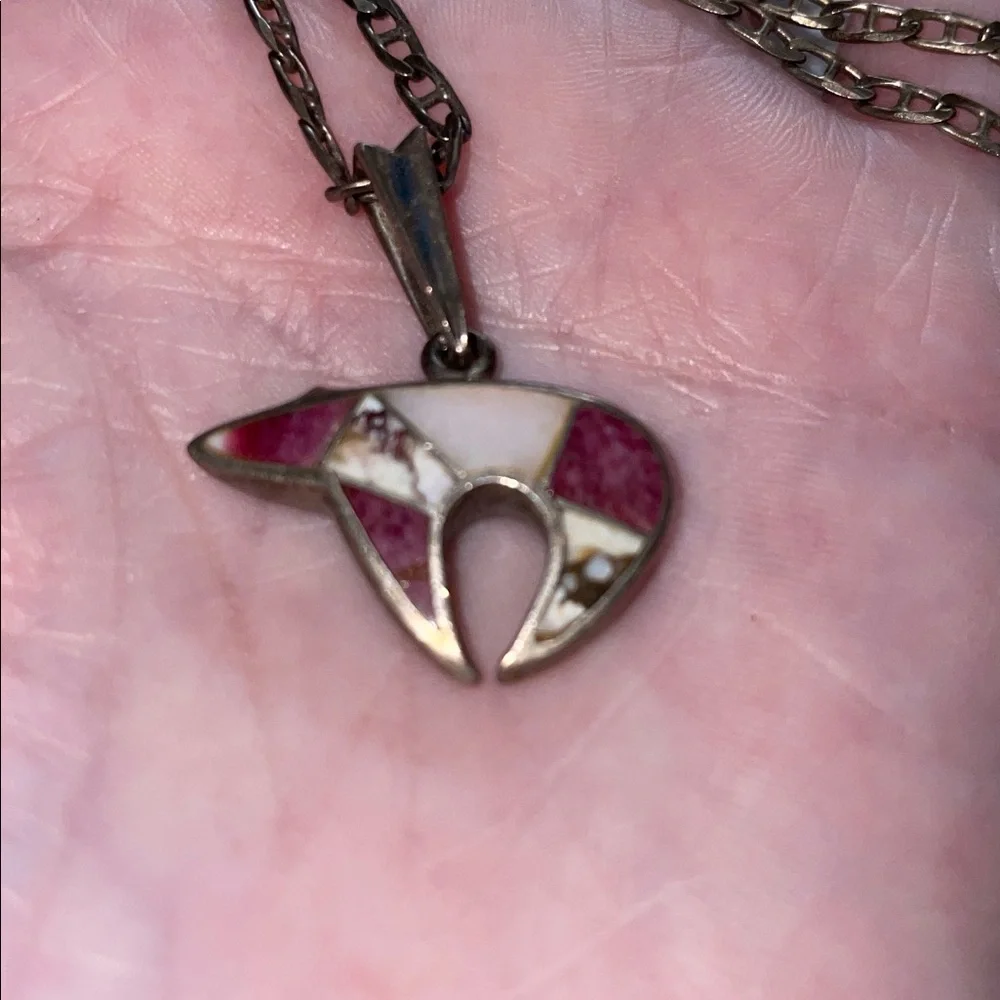 Rare Vintage Sterling Silver Inlay Elegant Pink Pendant Bear Necklace.  20” - Picture 2 of 11